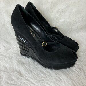 YSL Yves Saint Laurent Black Suede Robyn Winged Molded Wedge Pumps 39.5 US 9.5